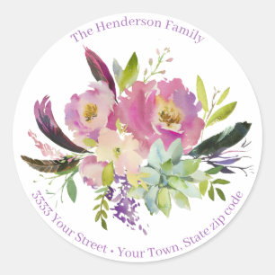 Sticker Rond Aquarelle Floral Succulent Boho Adresse de retour