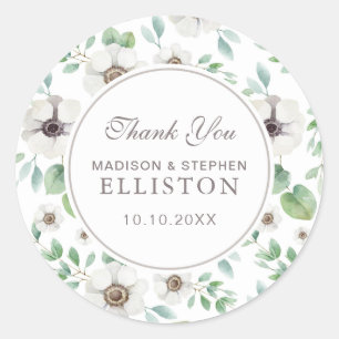 Sticker Rond Aquarelle florale   Anémone blanche   MERCI