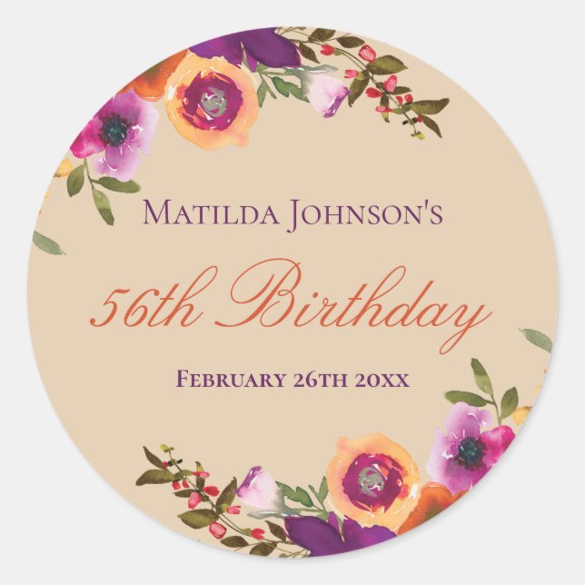 Sticker Rond Aquarelle Florale Automne fête d'anniversaire (Devant)