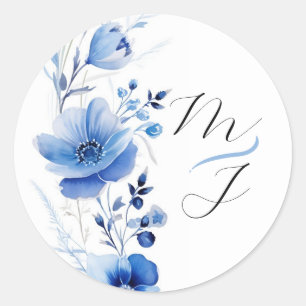 Sticker Rond Aquarelle florale bleue Botanique
