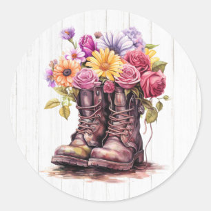 Sticker Rond Aquarelle Florale Boots et rustique Grange Bois