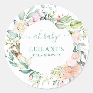 Sticker Rond Aquarelle florale couronne Oh Baby shower bébé