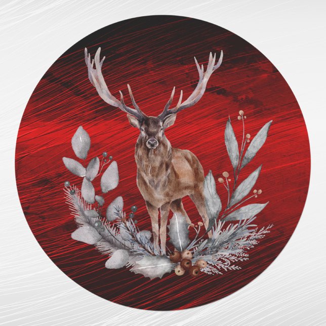 Sticker Rond Aquarelle florale de Noël Red Deer Buck (Créateur téléchargé)