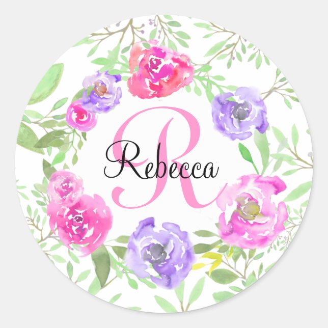Sticker Rond Aquarelle florale de pivoine rose Monogramme (Devant)