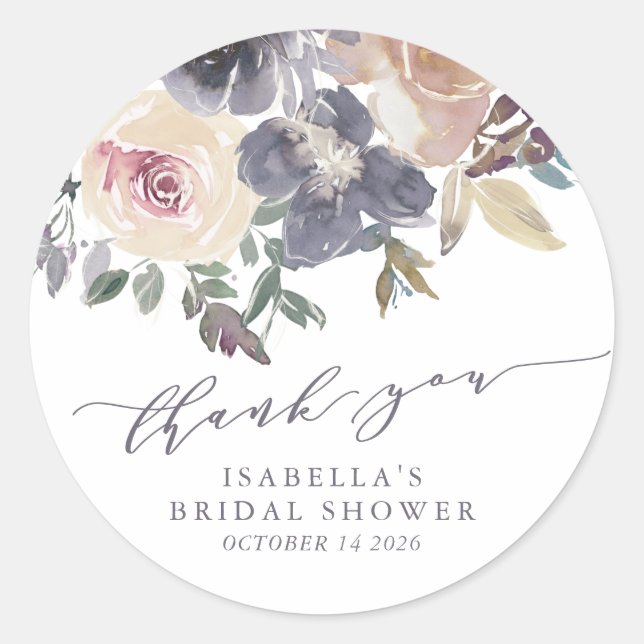 Sticker Rond Aquarelle florale pourpre poussiéreuse Merci perso (Devant)