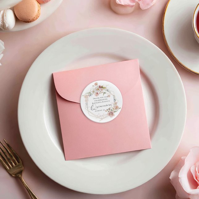 Sticker Rond Aquarelle Florale Quinceanera (Créateur téléchargé)