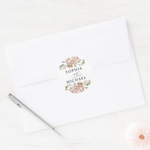 Sticker Rond Aquarelle florale rose pâle Couple Noms Mariage