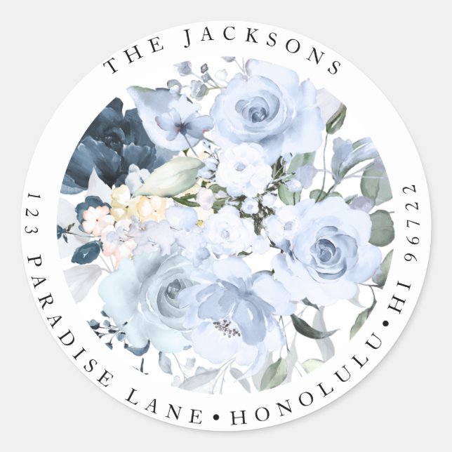 Sticker Rond Aquarelle florale Roses bleu-duché (Devant)