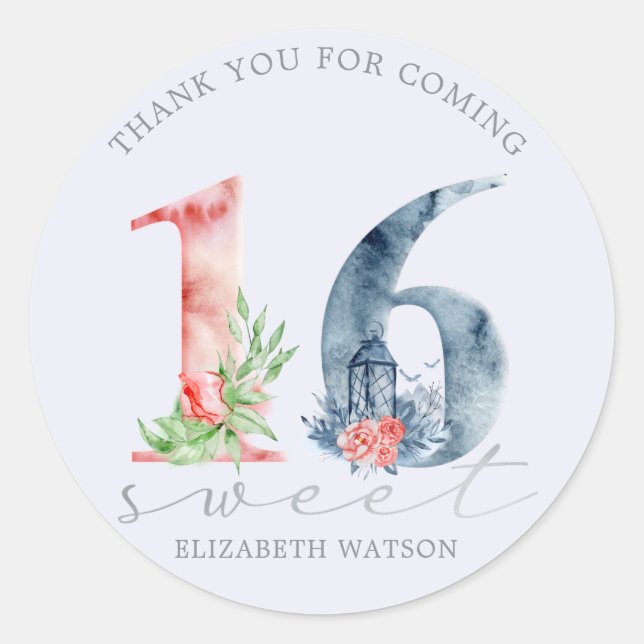 Sticker Rond Aquarelle florale script élégant sweet sixteen (Devant)