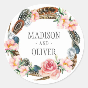 Sticker Rond Aquarelle Florale Wreath avec plumes   MARIAGE