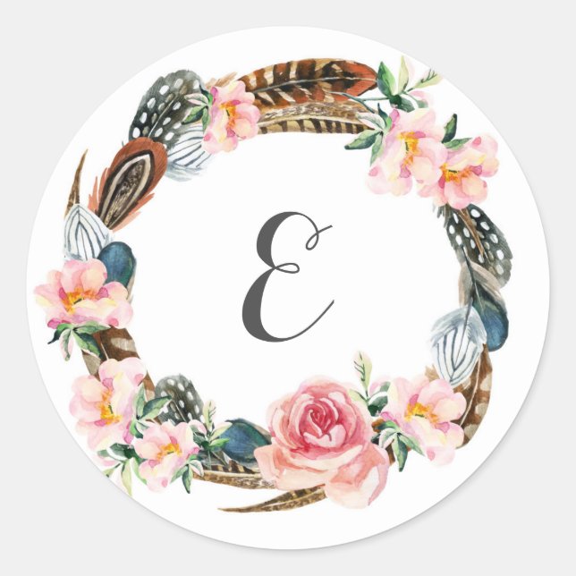 Sticker Rond Aquarelle Florale Wreath avec plumes | Monogramme (Devant)