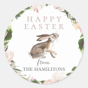 Sticker Rond Aquarelle Florale Wreath Lapin de Pâques