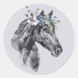 Sticker Rond Aquarelle Flower Crown Black Horse Portrait