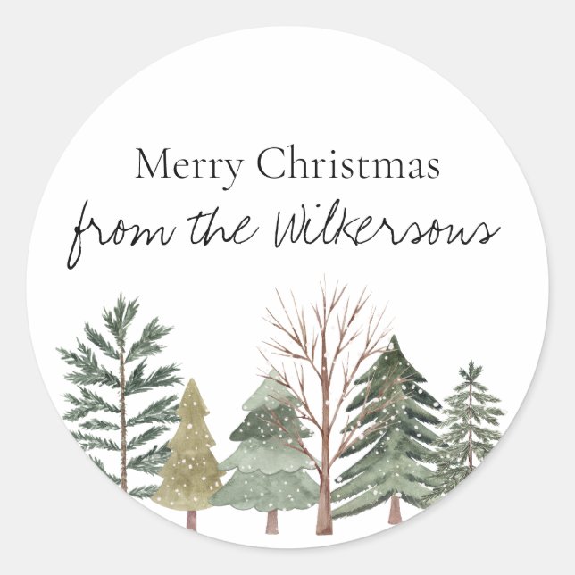 Sticker Rond Aquarelle Forêt d'hiver Arbres simples (Devant)