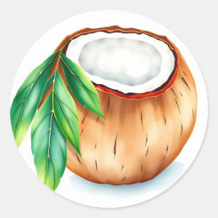 Sticker Rond Aquarelle fraîche et vive noix de coco sur blanc