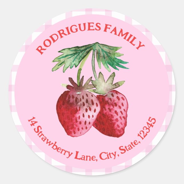Sticker Rond Aquarelle fraise rose et rouge Adresse de retour (Devant)