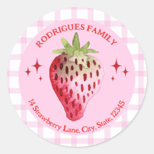 Sticker Rond Aquarelle fraise rose et rouge Adresse de retour