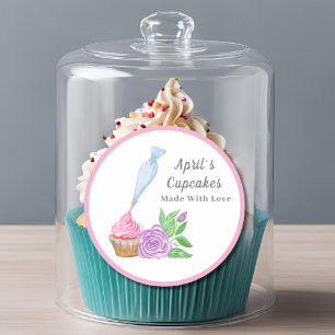 Sticker Rond Aquarelle Frosting Cupcake Fabriqué Avec Amour