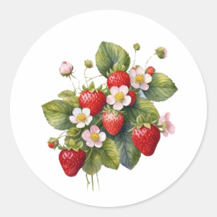 Sticker Rond Aquarelle Fruit fraise avec Fleurs