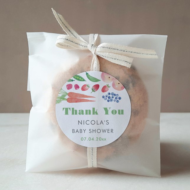 Sticker Rond Aquarelle Fruits Farmers Baby shower Favoriser (Farm to table theme thank you favor stickers for a gender neutral baby shower)