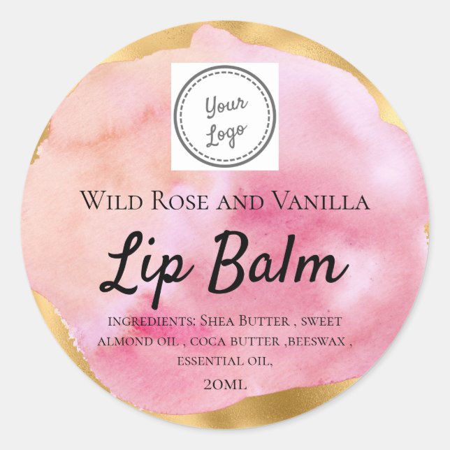 Sticker Rond Aquarelle & Gold Lip Balm Ajouter votre logo Class (Devant)