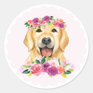 Sticker Rond Aquarelle Golden Retriever avec couronne florale