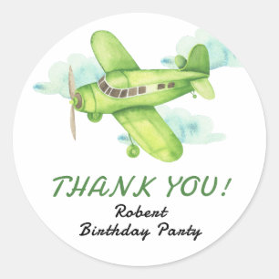 Sticker Rond Aquarelle Green Avion Anniversaire Merci