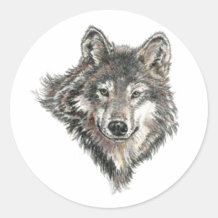 Sticker Rond Aquarelle Gris Loup Logo Animal Nature loups
