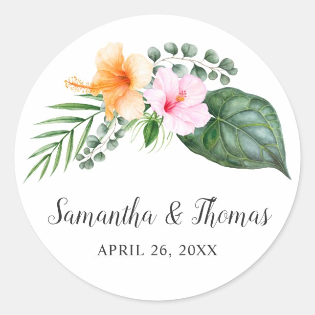 Sticker Rond Aquarelle Hibiscus tropicaux et feuillage (Devant)