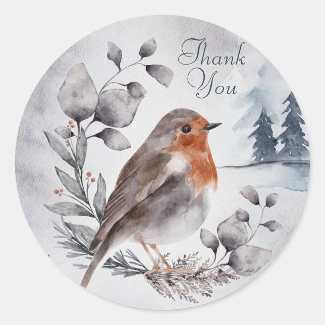 Sticker Rond Aquarelle hiver Merci Robin américain (Devant)