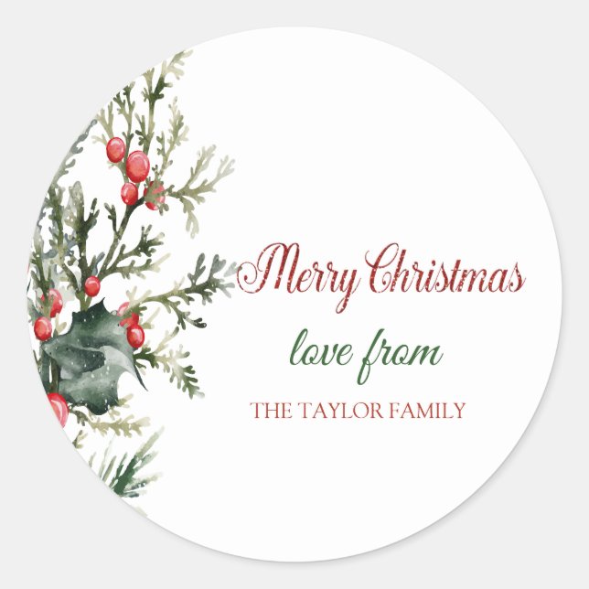 Sticker Rond Aquarelle Holly Berry Vert (Devant)