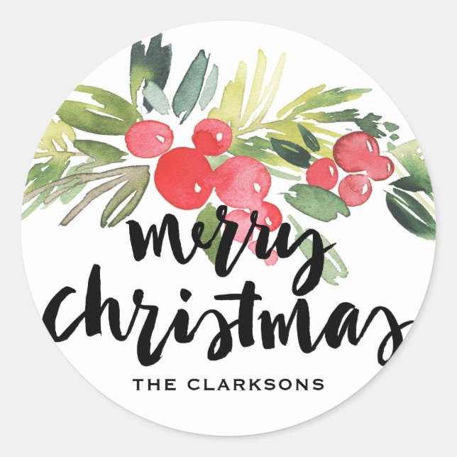 Sticker Rond Aquarelle Holly Brush Calligraphie Joyeux Noël (Devant)