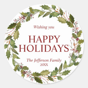 Sticker Rond Aquarelle Holly Feuilles Wreath Fêtes de Noël