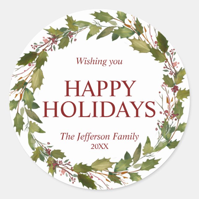 Sticker Rond Aquarelle Holly Feuilles Wreath Noël (Devant)