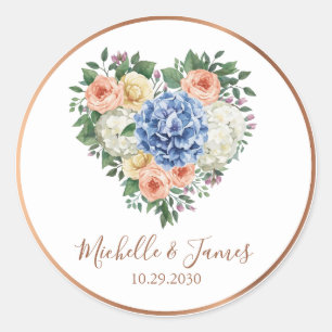 Sticker Rond aquarelle Hydrangea Rose Fleurs Mariage Or