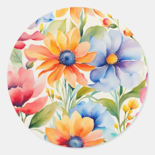 Sticker Rond Aquarelle Jardin Fleurs colorées