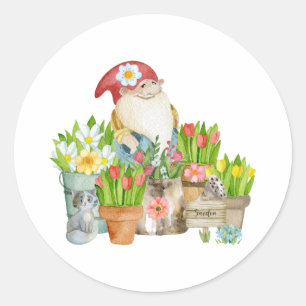 Sticker Rond Aquarelle Jardin Gnome avec Fleurs et Chat