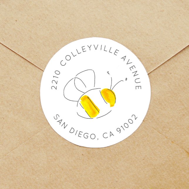 Sticker Rond Aquarelle jaune Bumble Bee Adresse de retour (Yellow watercolor bumble bee return address label round sticker.)