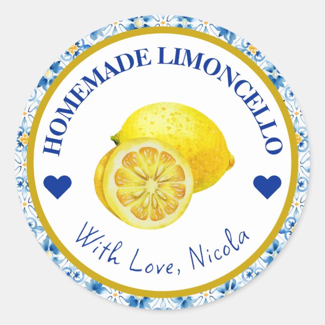 Sticker Rond Aquarelle jaune et bleu Limoncello fait maison (Devant)