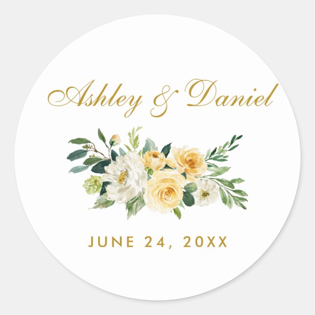 Sticker Rond Aquarelle Jaune Or Blanc Floral Mariage (Devant)