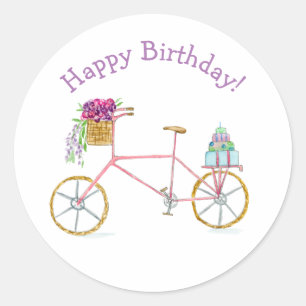 Sticker Rond Aquarelle Joyeux Anniversaire Bicyclette