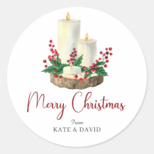 Sticker Rond Aquarelle Joyeux Noël bougies Berries Feuilles