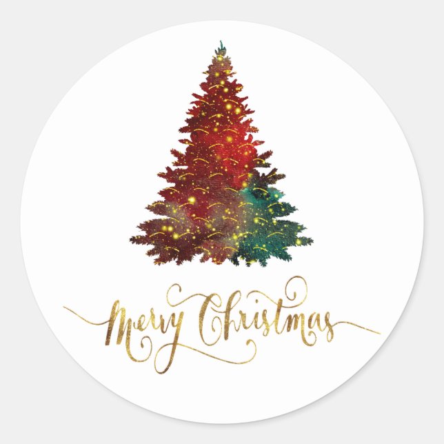 Sticker Rond Aquarelle Joyeux sapin de Noël Design (Devant)