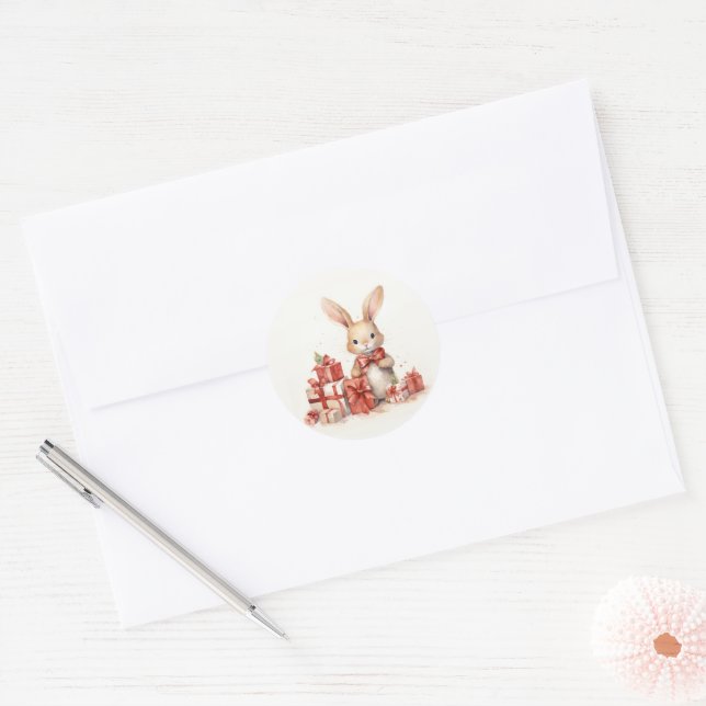 Sticker Rond Aquarelle Lapin De Noël Avec Cadeaux (Enveloppe)