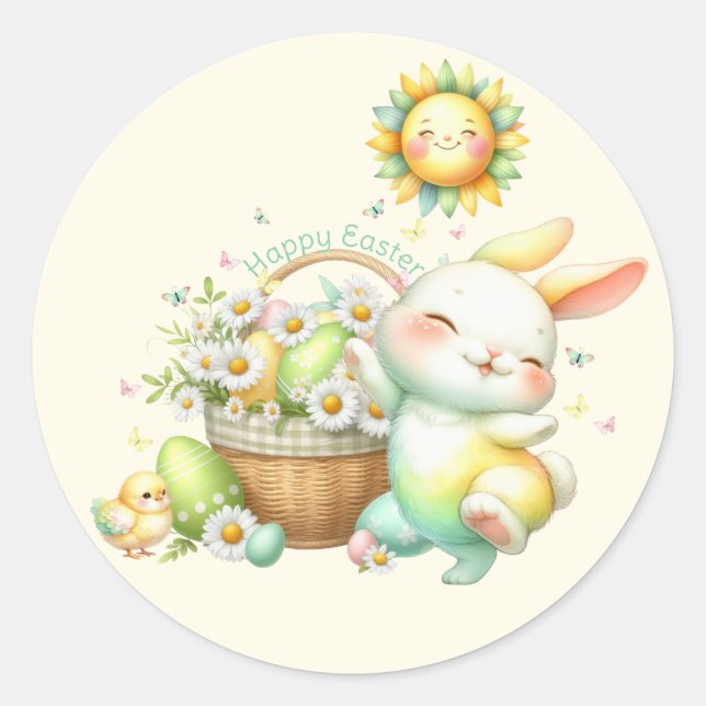 Sticker Rond Aquarelle Lapin de Pâques Personnalisé (Devant)