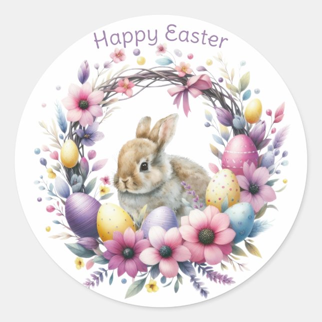 Sticker Rond Aquarelle Lapin de Pâques Personnalisé (Devant)