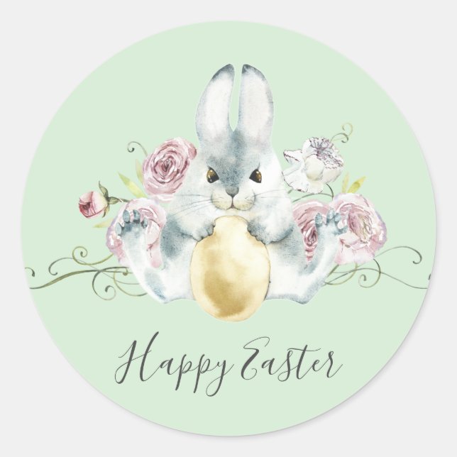 Sticker Rond Aquarelle Lapin & Fleurs Pâques (Devant)