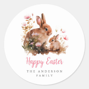 Sticker Rond Aquarelle Lapin Floral Pâques