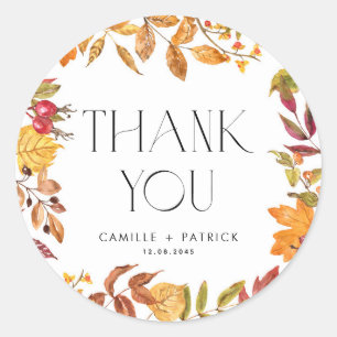 Sticker Rond Aquarelle L'automne laisse Merci Mariage de couron