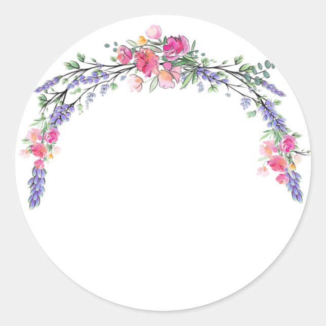 Sticker Rond Aquarelle Lavande rose Rose sauvage et Eucalyptus (Devant)